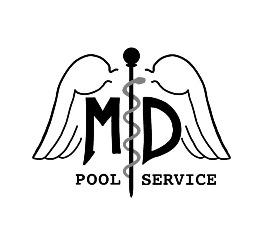 MD Pool Service logo with wings and caduceus